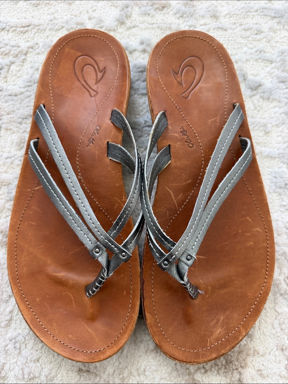 OluKai Silver Leather Strappy Sandals with Tan Footbed